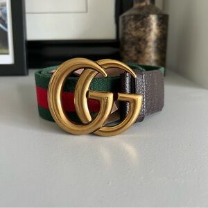 GUCCI nylon textured dollar calfskin double G web 105 42 belt red and green